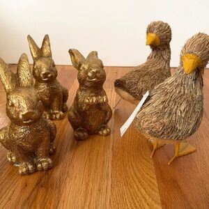 Set of gold bunny and straw duck figurines